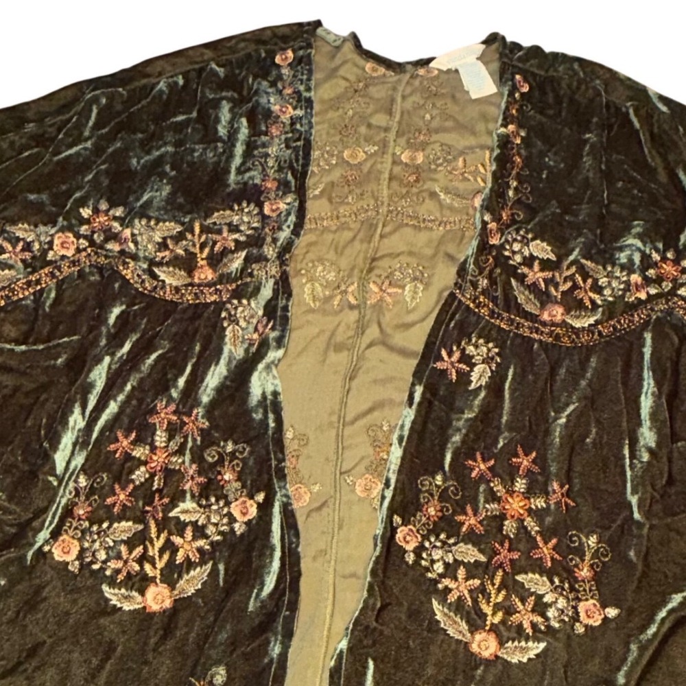 Sundance Green Velvet Embroidered Floral Kimono Jacket One Size Boho Silk Blend